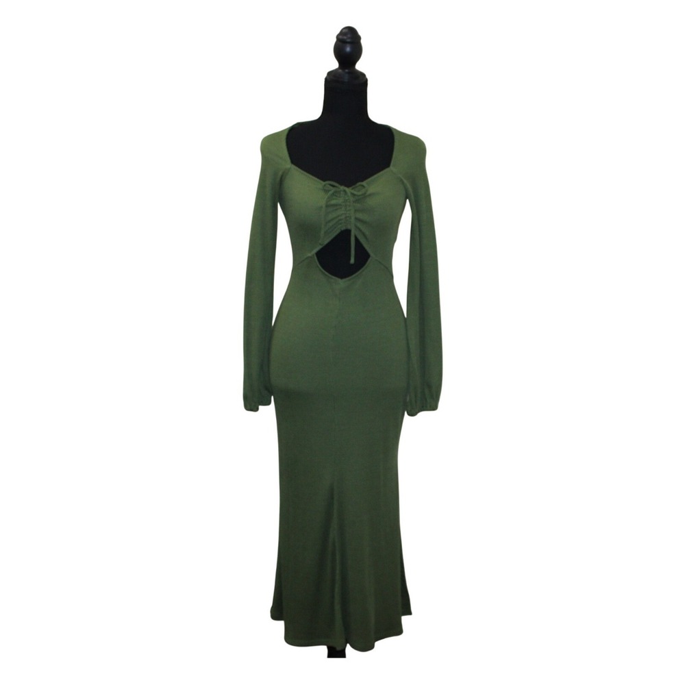 Olive Green Cutout Bodycon Midi Dress Long Sleeve Ruched Tie Front Womens Size 4